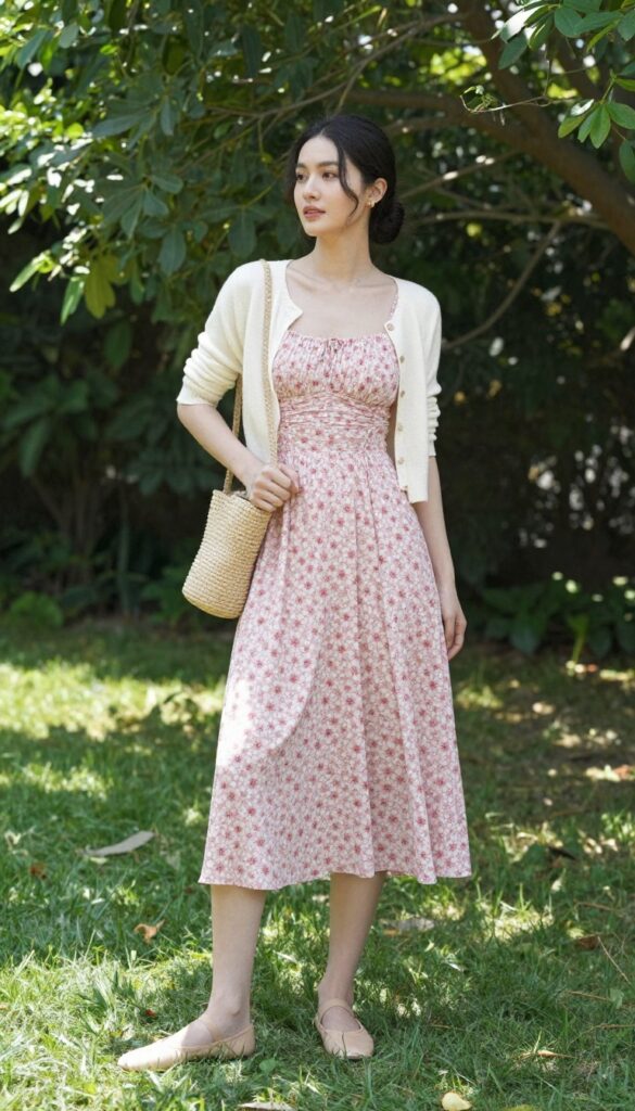 5. Preppy Garden Party with a Fit-and-Flare Dress and Cardigan