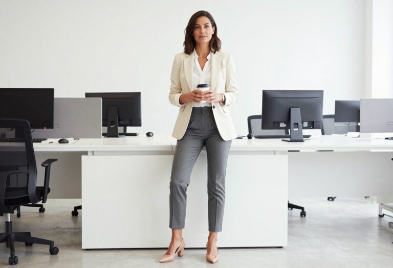 Woman in cream blazer and gray trousers standing in a bright office