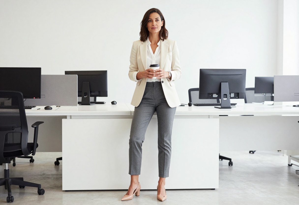 Woman in cream blazer and gray trousers standing in a bright office