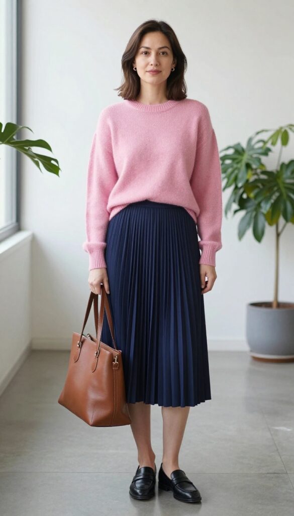 3. Sweater + Pleated Skirt + Loafers