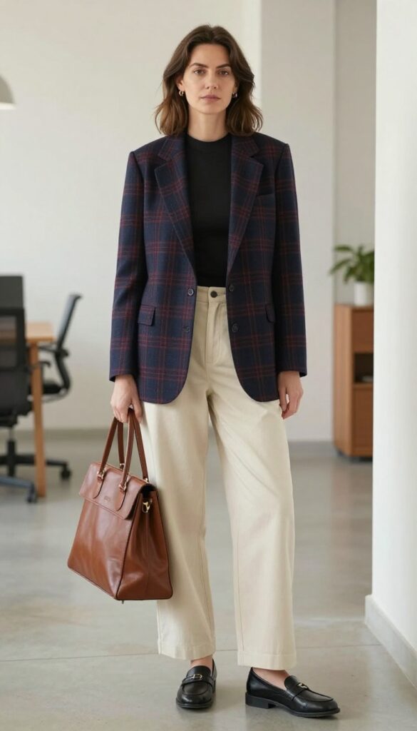3. Plaid Blazer + Mock Neck Top + Wide-Leg Trousers + Loafers