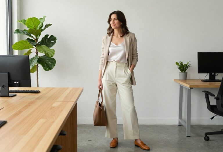 Woman in relaxed office outfit with knit blazer and wide-leg trousers