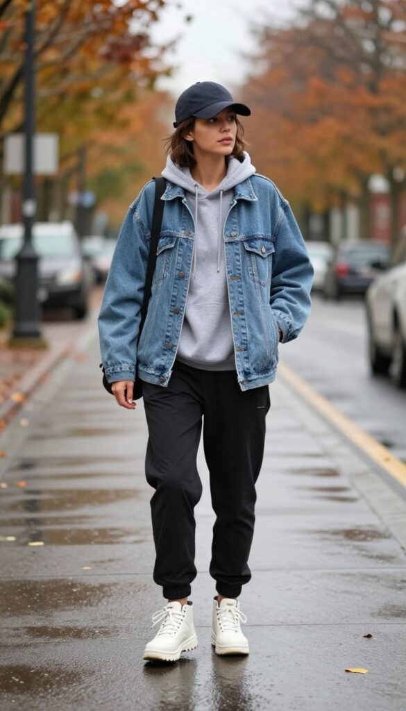 4. Denim Jacket + Hoodie + Joggers + Waterproof Sneakers