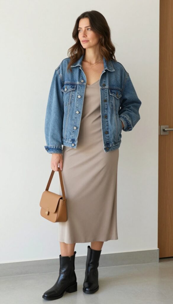 3. Midi Slip Dress + Denim Jacket + Ankle Boots