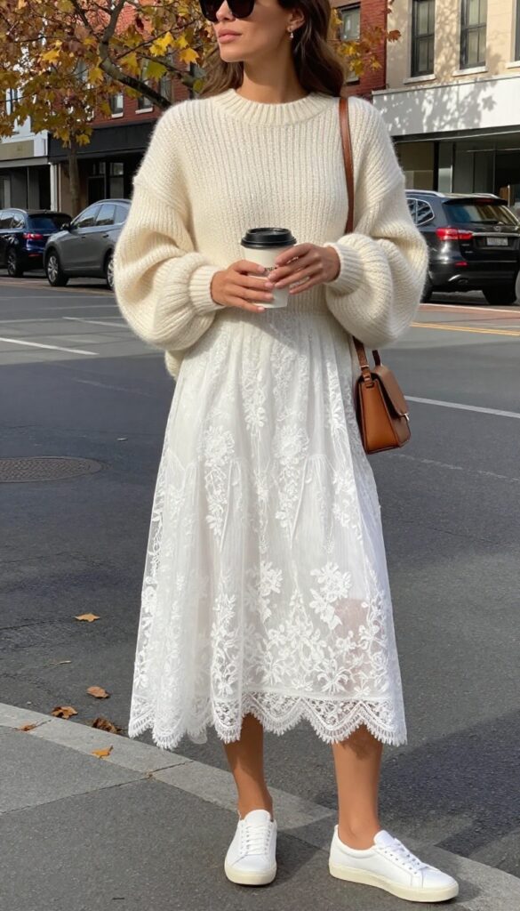 Woman in lacy wedding dress with oversized cream sweater and white slip-on sneakers, holding coffee and sunglasses outside a coffee shop on a sunny fall day.