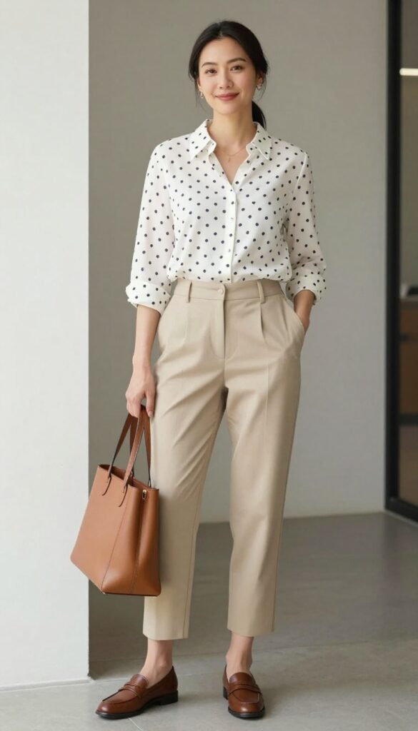 8. Cropped Trousers With a Patterned Blouse and Loafers