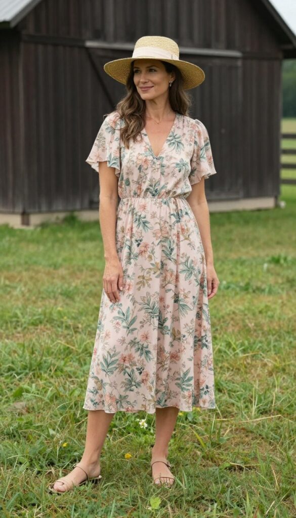 Woman in floral maxi dress and straw hat at barn wedding