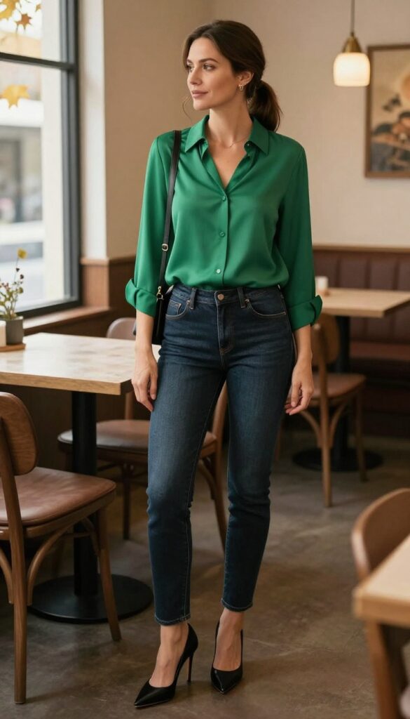 9. Silk Blouse + Dark Jeans + Stiletto Heels
