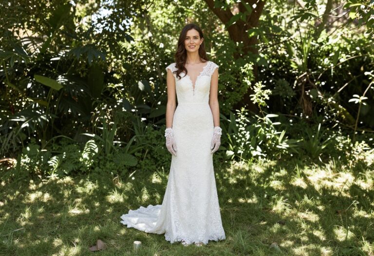 Bride in white lace wedding dress with soft gloves in garden