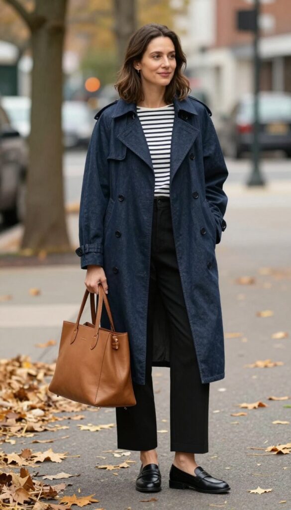 6. Trench Coat, Striped Top, and Wide-Leg Trousers