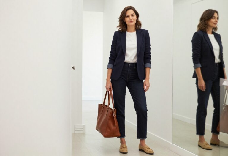 Woman in navy blazer, white tee, dark jeans, and loafers standing in office hallway.