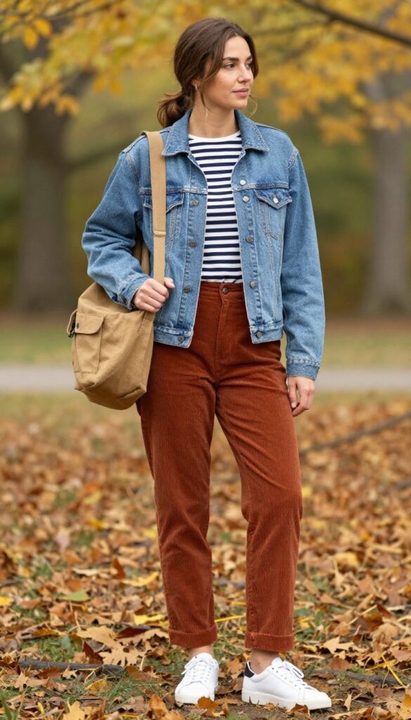 5. Denim Jacket + Striped Breton Top + Corduroy Pants + Sneakers