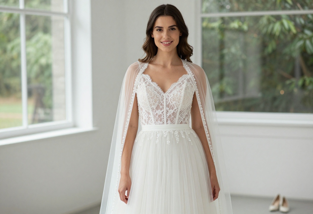 Woman in lace corset top wedding dress with tulle skirt and sheer cape