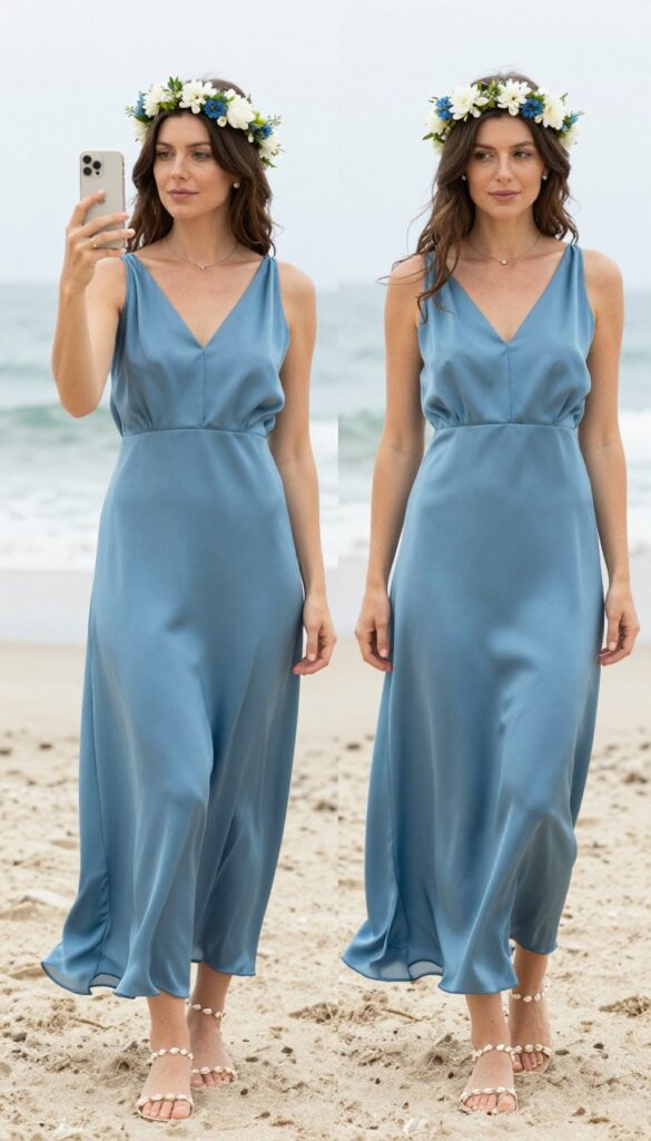 Young adult woman with natural body proportions wearing a flowy ocean blue silk maxi dress, barefoot sandals with shell beads, and a flower crown, standing on a wooden boardwalk leading to a sandy beach with ocean in the background, soft natural lighting, smiling gently.