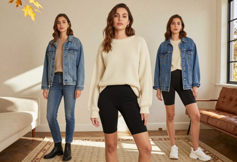 Woman in oversized sweater and biker shorts standing in sunlit living room