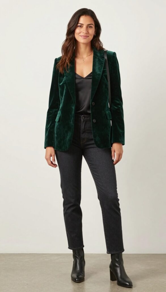 8. Velvet Blazer with Jeans and a Camisole