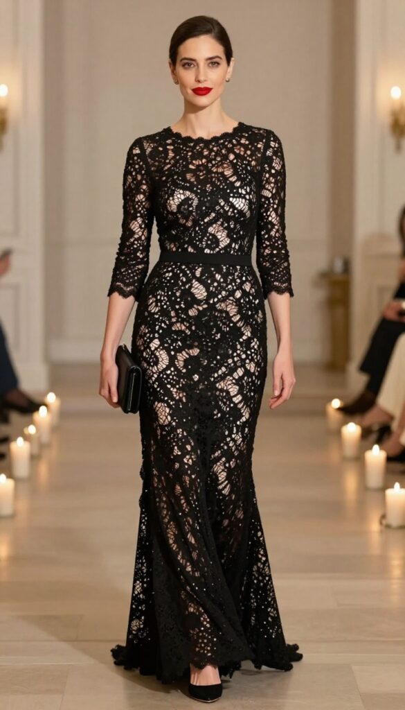 Woman in black crochet lace dress with red lip and gold earrings, holding black clutch, standing in candlelit venue.