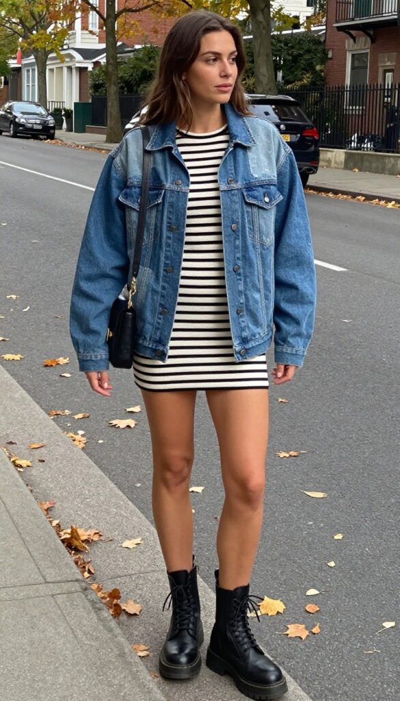 12. Patchwork Denim Jacket + Striped Knit + Mini Dress + Combat Boots