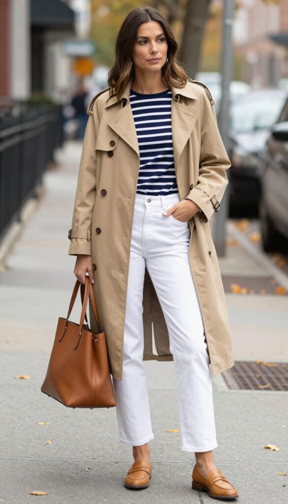 7. Trench Coat + Striped Top + White Jeans