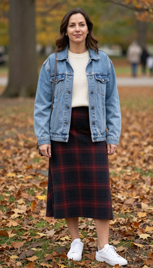 13. Denim Jacket with a Midi Skirt and Sweater