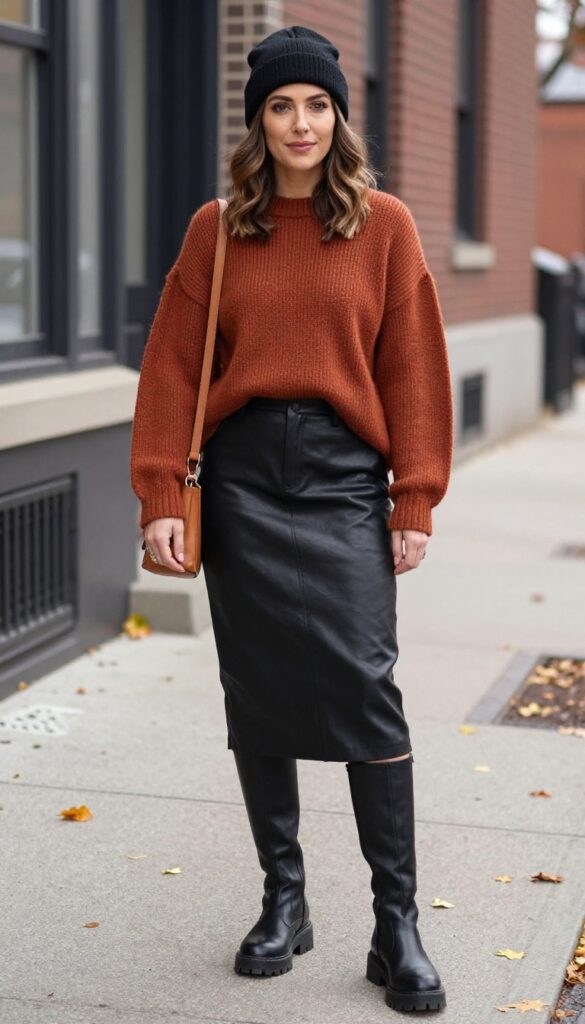 3. Leather A-Line Skirt with Chunky Sweater and Combat Boots