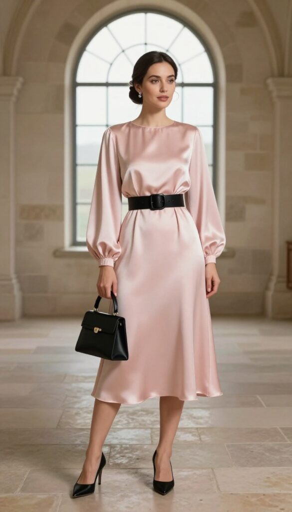 A woman in a pale pink satin balloon sleeve dress with a wide black belt, standing in a stone chapel with arched windows.
