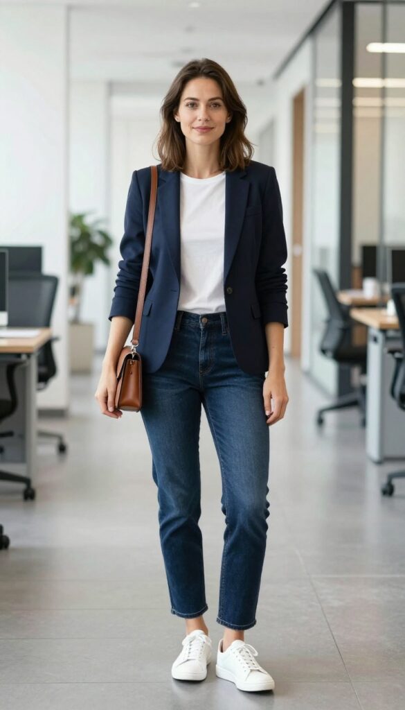3. Blazer + Jeans + Minimalist Sneakers