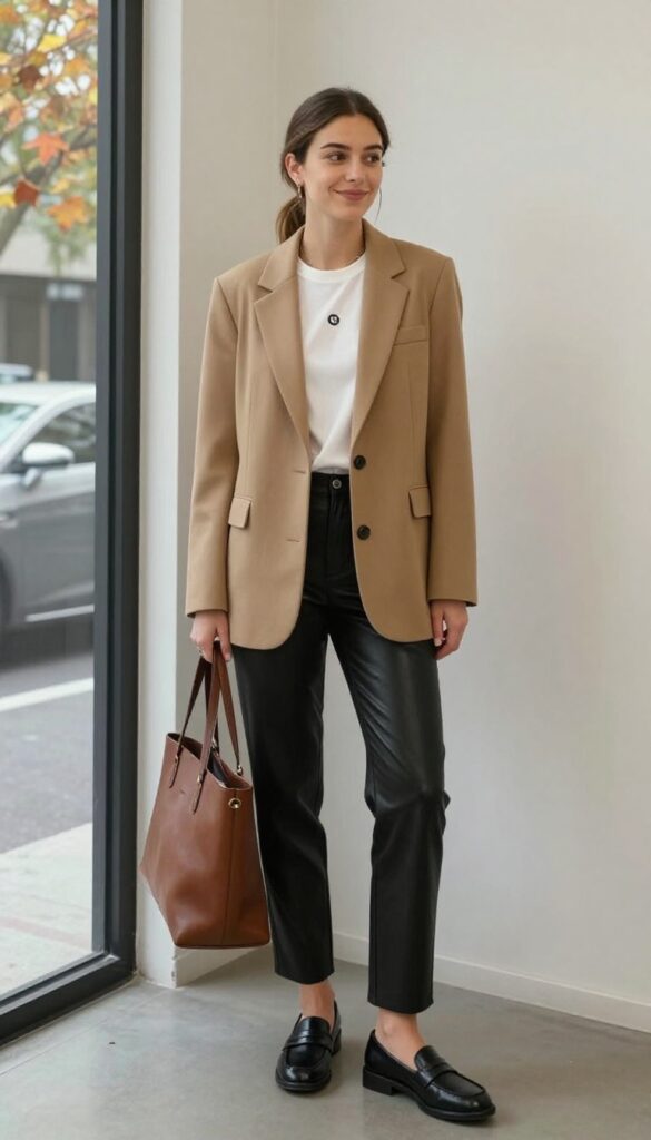 9. Blazer + Graphic Tee + Leather Pants + Loafers