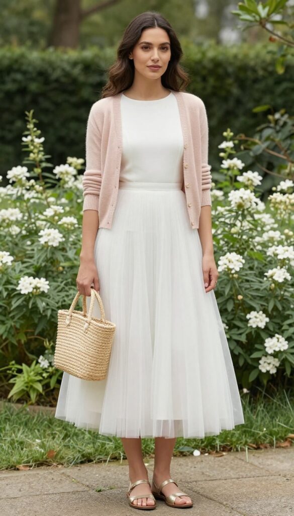 Bridal shower outfit: sleeveless white tulle wedding dress with unbuttoned blush pink cardigan, metallic gold flat sandals, and woven tote bag in garden setting