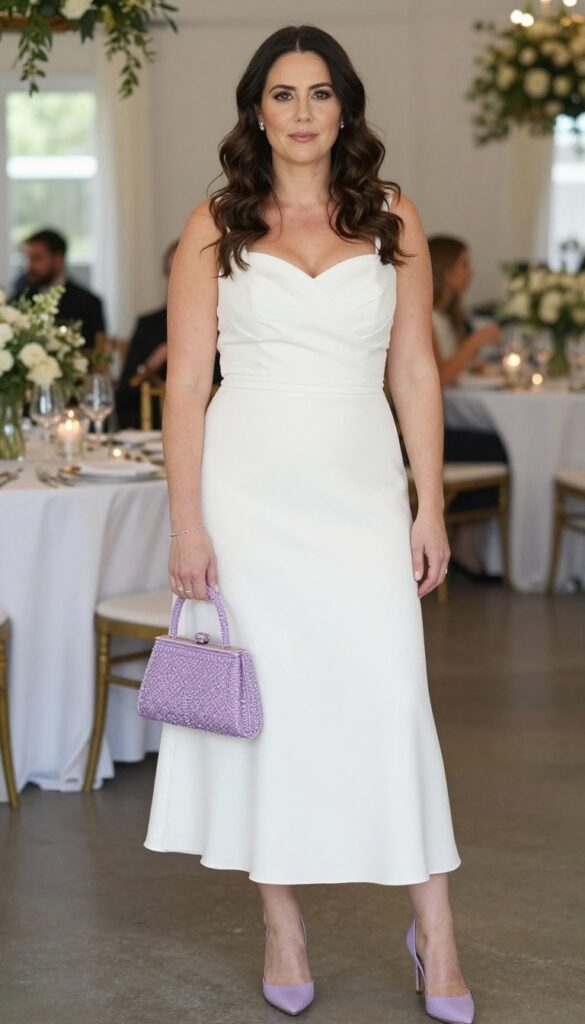 Woman in white sweetheart wedding dress holding a lilac beaded clutch, natural makeup, soft waves, elegant indoor reception.