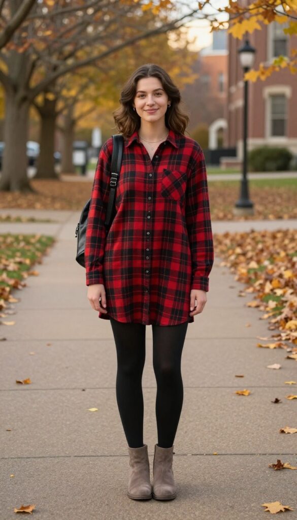 3. Plaid Shirt Dress with Tights and Ankle Boots