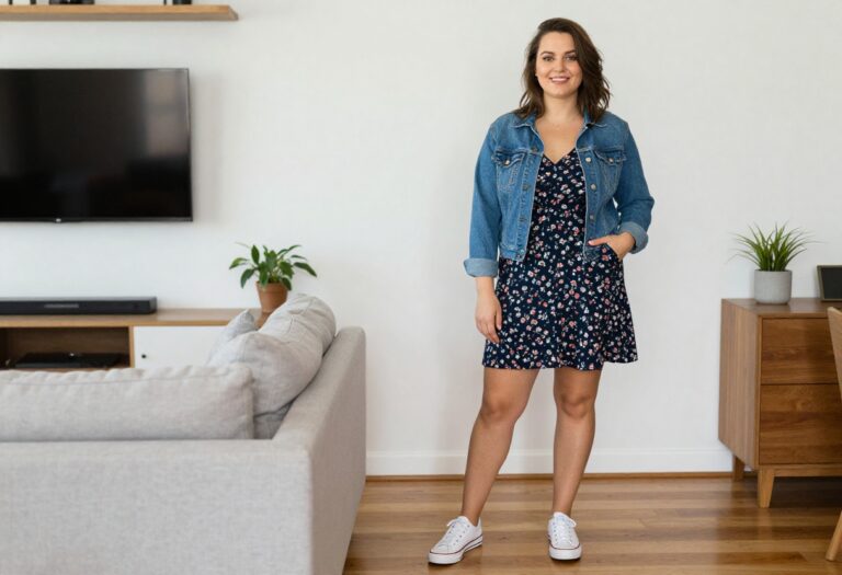 Plus size woman in floral mini dress with denim jacket and sneakers