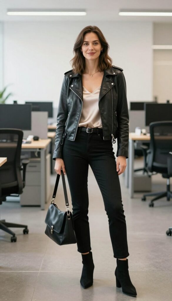7. Leather Moto Jacket + Silk Camisole + Black Cigarette Pants + Pointed-Toe Ankle Boots
