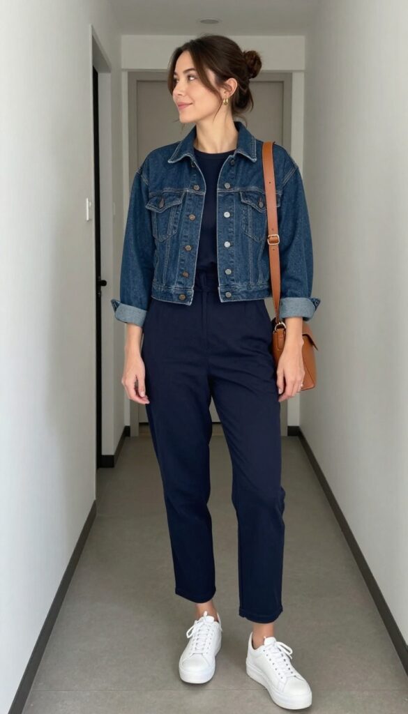 7. Jumpsuit + Denim Jacket + Platform Sneakers