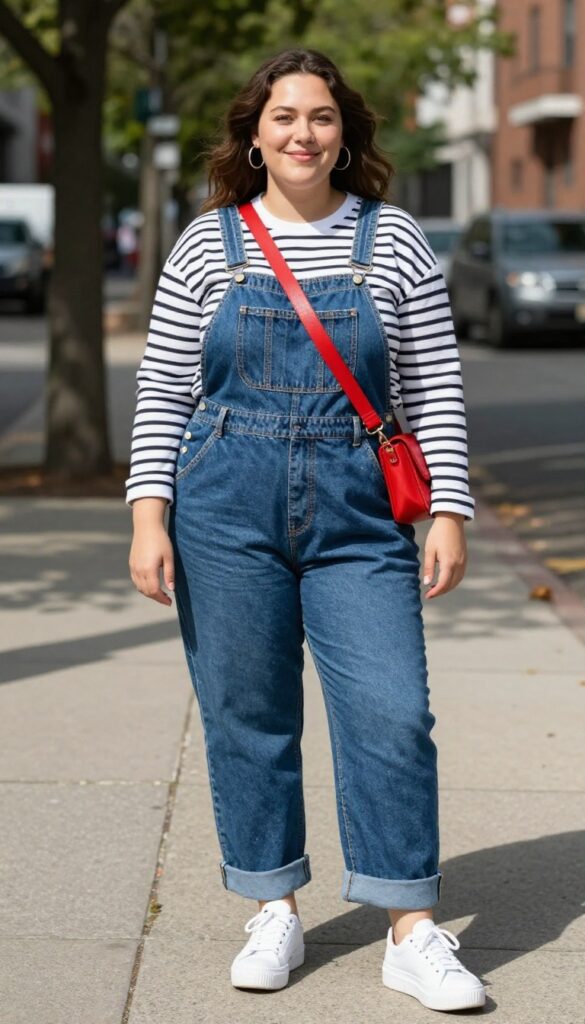 5. Overalls with a Striped Long-Sleeve Tee