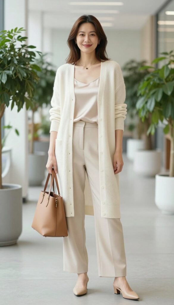 12. Cashmere Cardigan + Silk Camisole + Wide-Leg Pants
