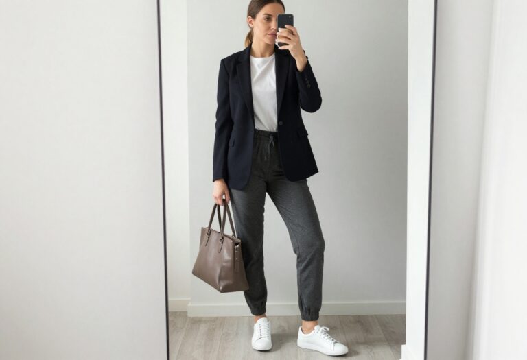 Woman in black blazer, white tee, charcoal joggers, and white sneakers standing in a modern office hallway.