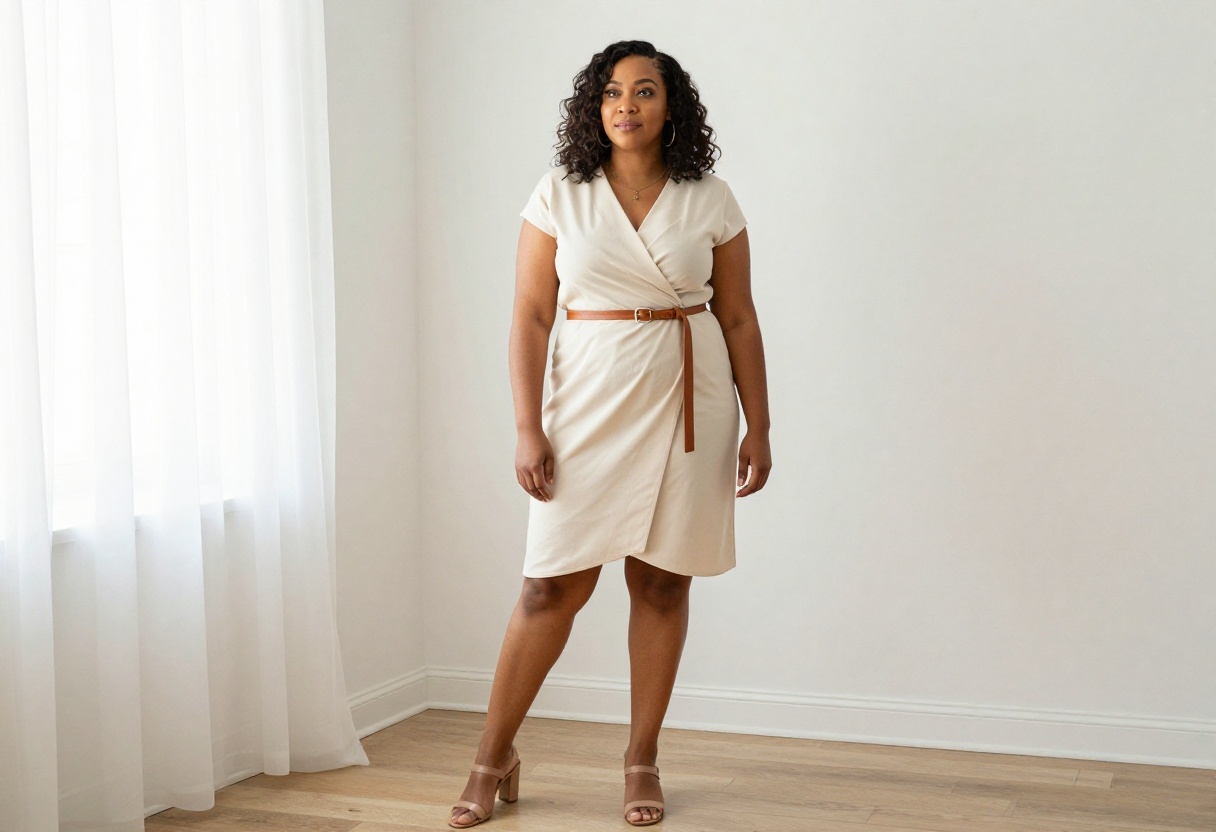 Plus size hourglass woman in cream wrap dress with brown belt and block heels, standing in bright living room