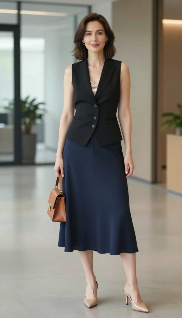 3. Black Vest + Silk Camisole + Midi Skirt