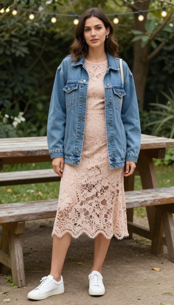 Adult woman in blush lace A-line dress with denim jacket, white sneakers, and crossbody bag standing in garden