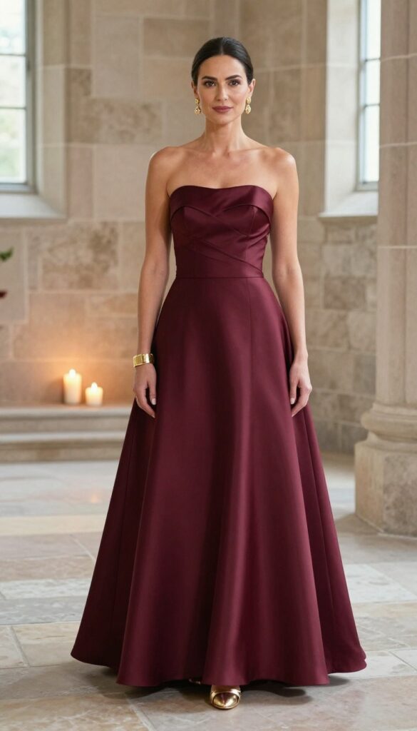 Woman in deep burgundy satin ball gown with gold jewelry standing in a candlelit stone chapel