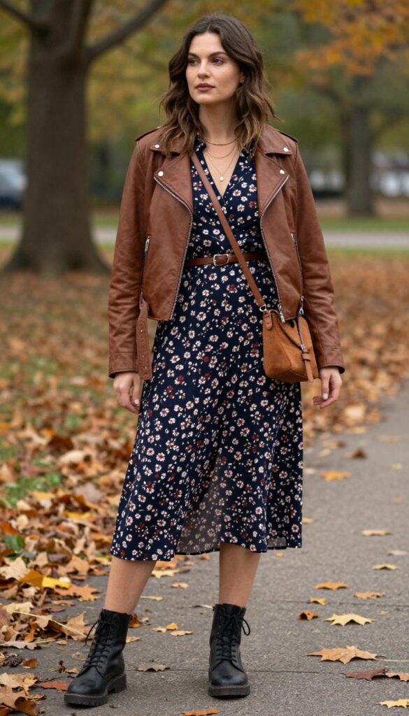 4. Faux Leather Jacket Over a Floral Dress