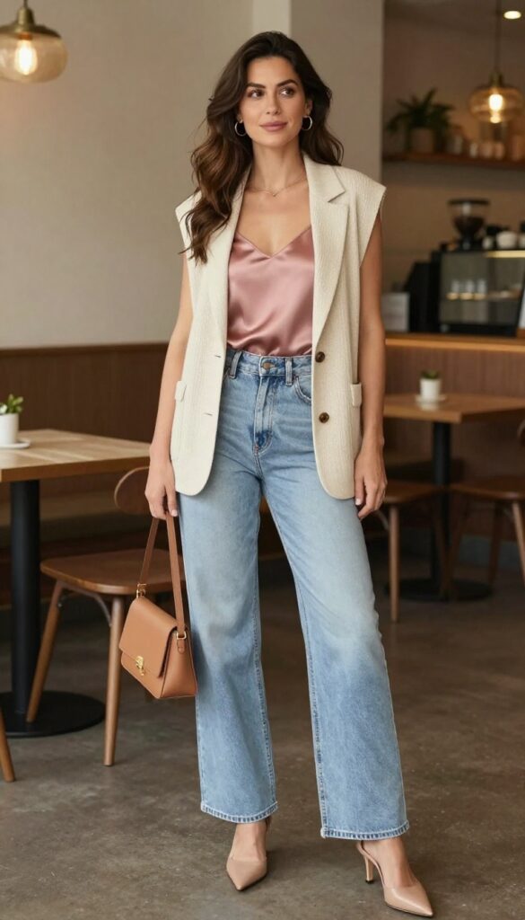 7. Pink Silk Camisole under a Knit Blazer with Wide-Leg Jeans