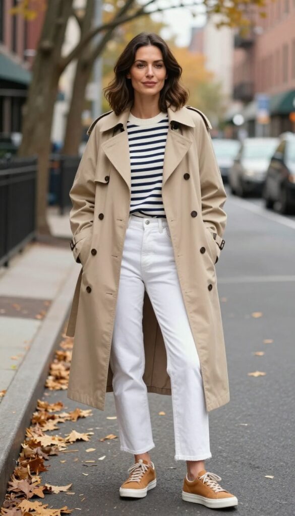 10. Trench Coat with Striped Knit and White Jeans