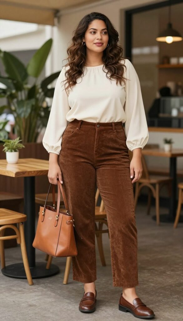 4. Chocolate Brown Corduroy Pants + Cream Blouse + Loafers