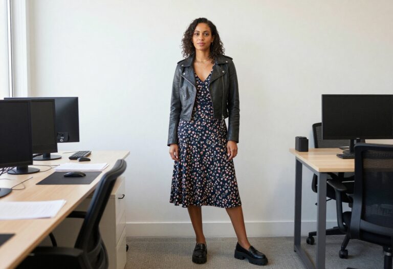 Woman in dark floral midi dress with chunky loafers and leather jacket in creative office setting