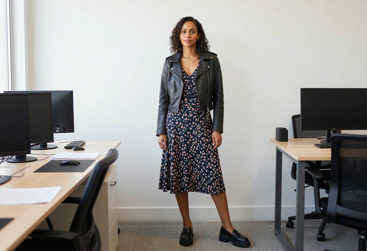 Woman in dark floral midi dress with chunky loafers and leather jacket in creative office setting