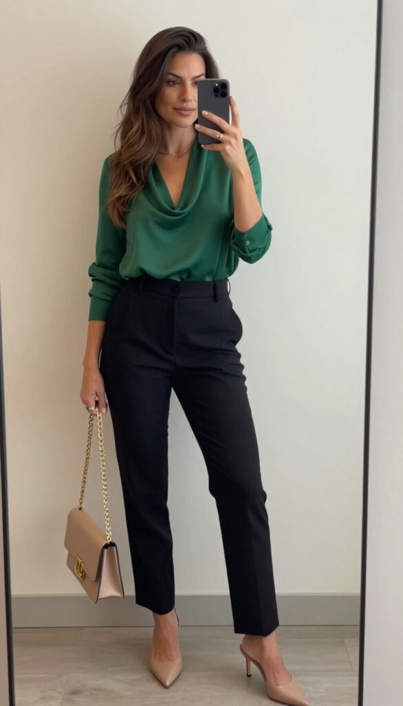 10. Cowl-Neck Top with Tailored Trousers