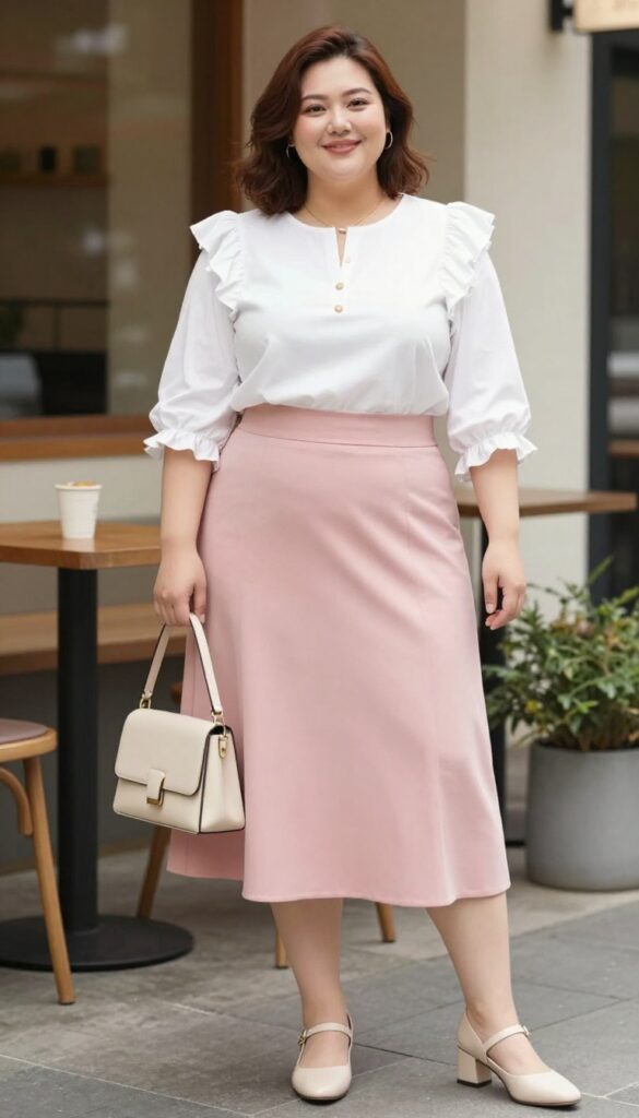 3. Ruffled Blouse with A-Line Skirt