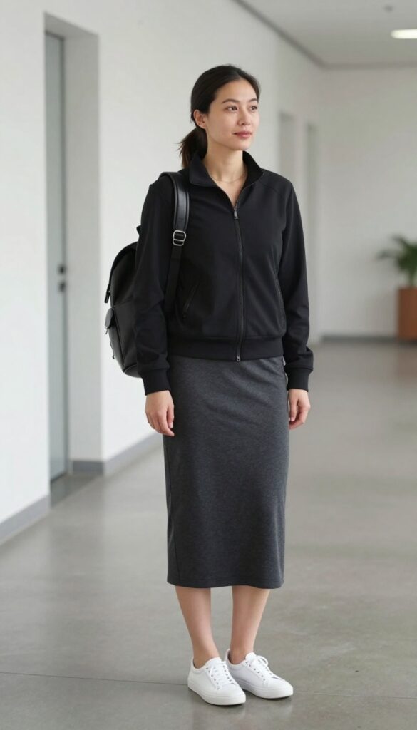 4. Performance Jacket + Midi Skirt + Slip-On Sneakers